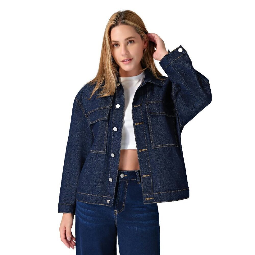 Oversized Denim Jacket with Flap Pockets Casual Women's Coat
